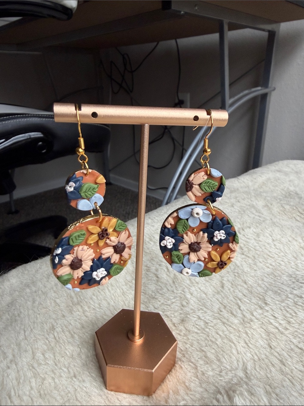 Floral Polymer Clay Drop Earrings in Blue, Green & Tan